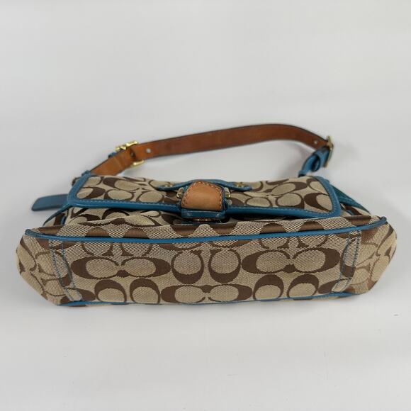 Coach Signature Brown Blue Leather Trim Shoulder Bag Buckle Flap 12”x7” - Picture 7 of 7
